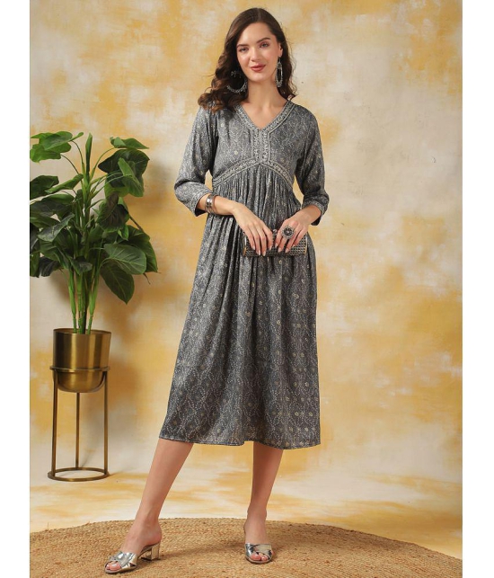 Rangita Women Grey Rayon Printed Empire Dress Calf Length Ethnic Dress with Belt - None