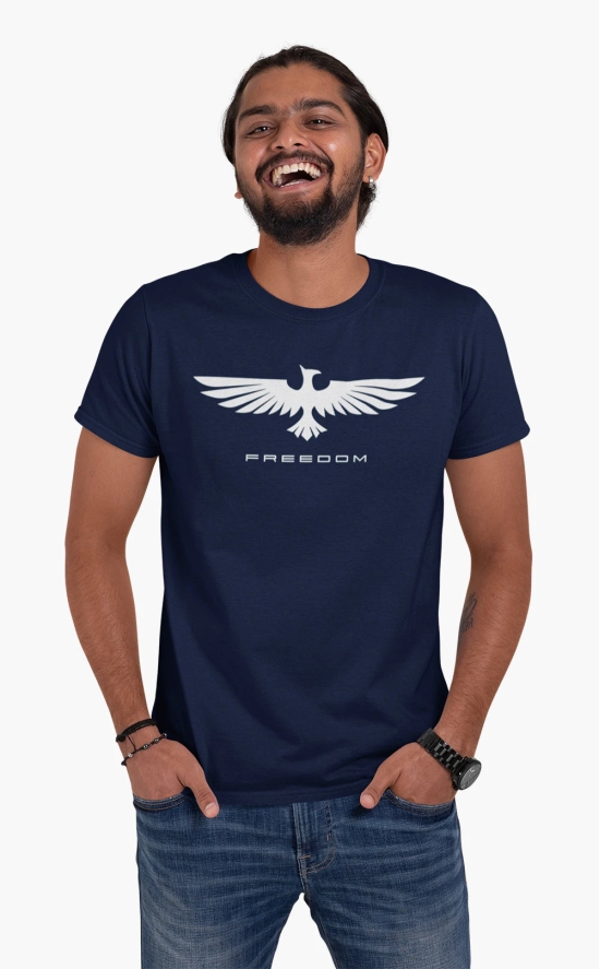 Mens Round Neck Eagle Freedom T-shirt-Navy Blue / 2XL