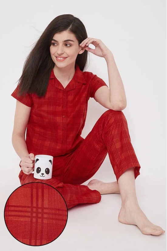 Clovia Cotton Blend Nightsuit Sets - Red - None