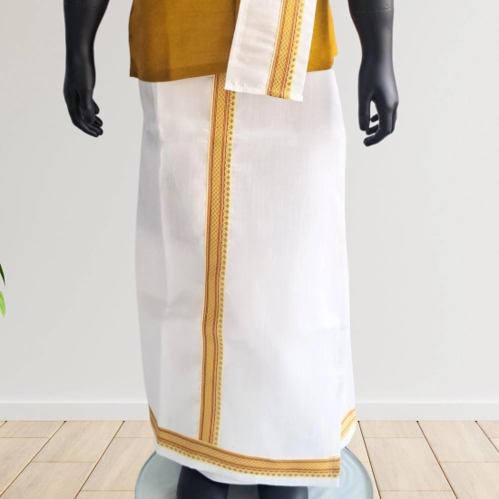 Mustard Yellow Cotton Silk Half Sleeves Shirt and Mundu Lungi set with Uparna/Towel-2 (2-3 years)