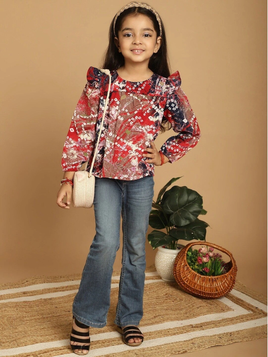 MINI & MING Girls Floral Printed Round Neck Puff Sleeves Pleated Blouson Top