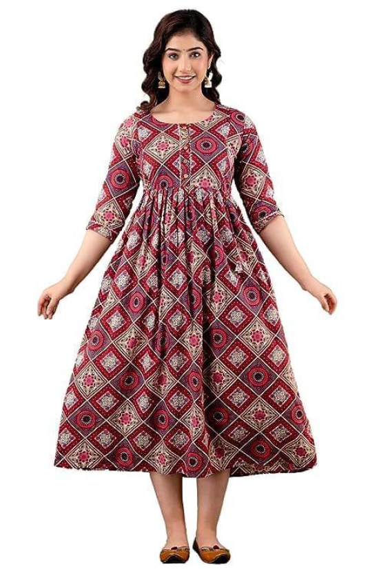 KASHVI Creation Women's Cotton Floral Printed Anarkali Maternity Feeding Kurti-Pink