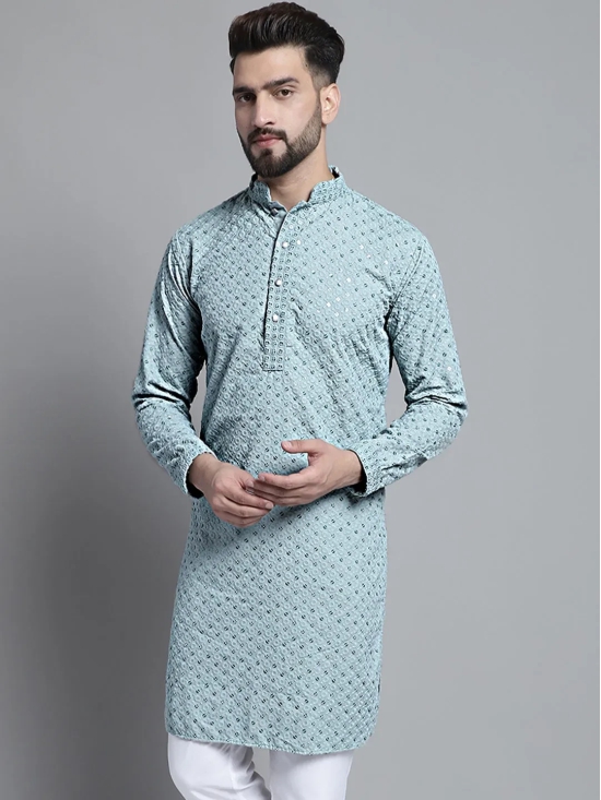 Men Blue Chikankari Embroidered and Sequence Kurta Only-XXL / Blue