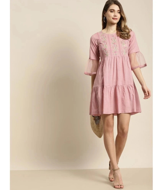 Juniper Cotton Blend Embroidered Mini Womens Fit & Flare Dress - Pink ( Pack of 1 ) - None