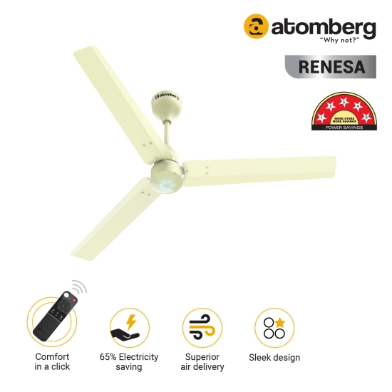 Atomberg Renesa 1200 mm BLDC Motor with Remote 3 Blade Ceiling Fan (Ivory, Pack of 1)