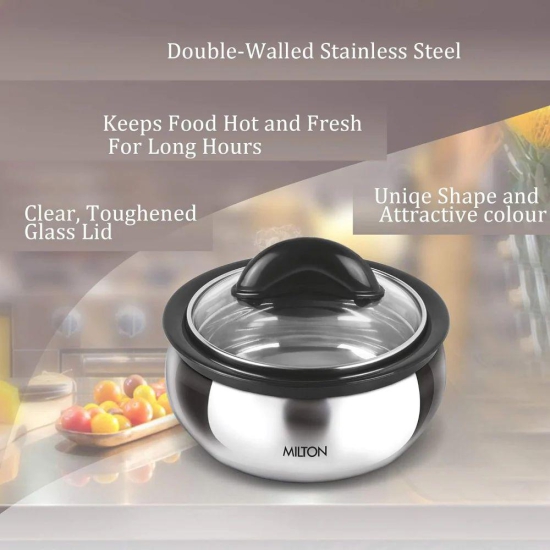 Milton Clarion Stainless Steel Insulated Casserole with Glass Lid | Silver | 1 Pc