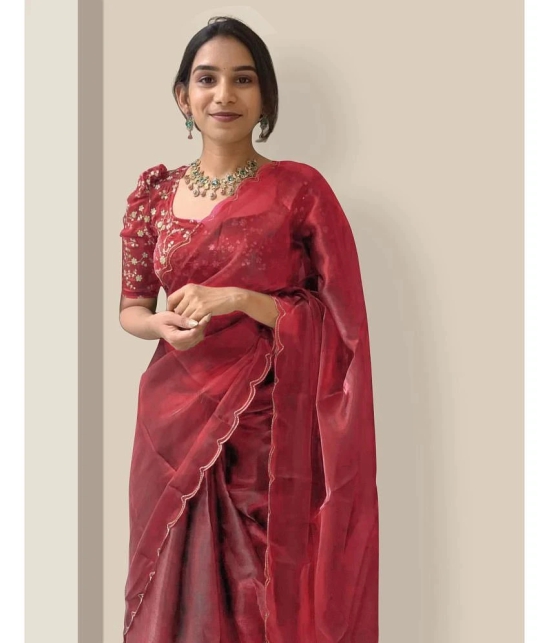 A TO Z CART Organza Solid Saree With Blouse Piece - Red ( Pack of 1 ) - Red