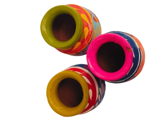 Set of 3 Handmade Colorful Clay Pots with Traditional Indian Design - Decorative Items