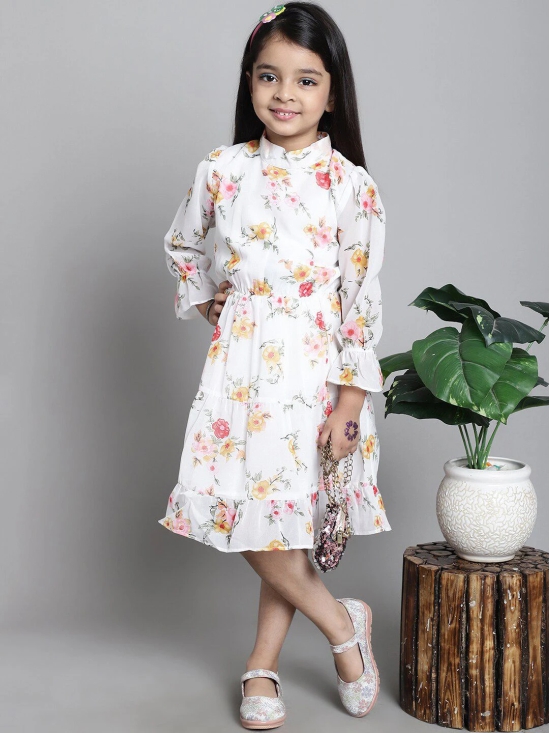 MINI & MING Girls Floral Printed Bell Sleeve Georgette Fit & Flare Dress