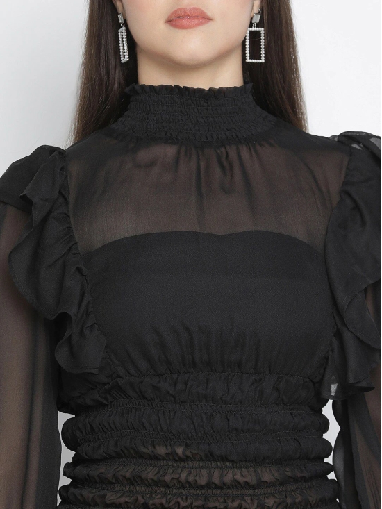 Oxolloxo Black Bishop Sleeves Ruffles Cinched Waist Top