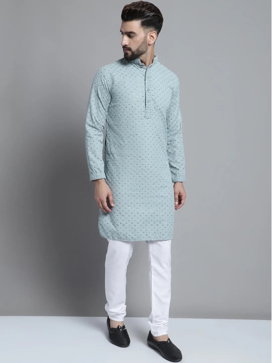 Men Blue Chikankari Embroidered and Sequence Kurta with Churidar-XXL / Blue