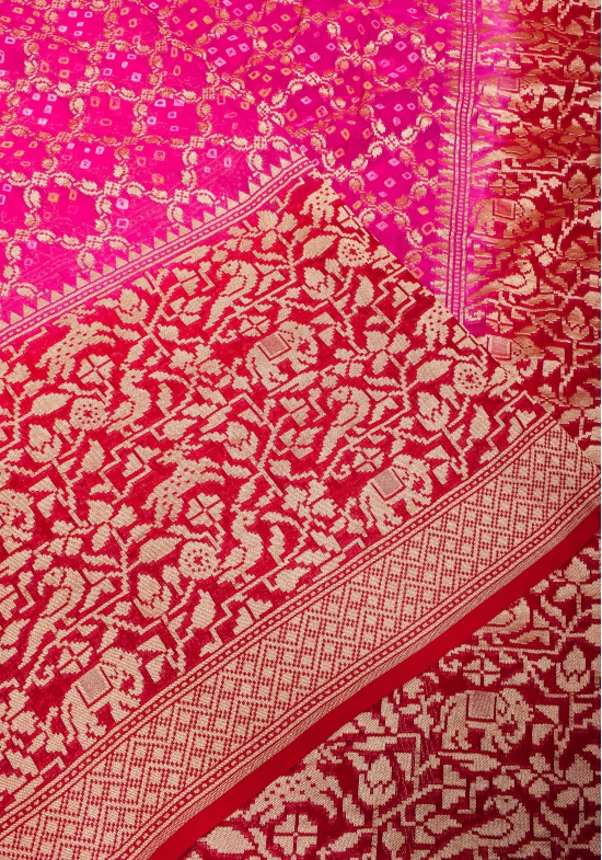 Pink Authentic Hand Bandhej Banarasi Silk Georgette Saree with geometric Jaal and Shikaargah Borders | SILK MARK CERTIFIED