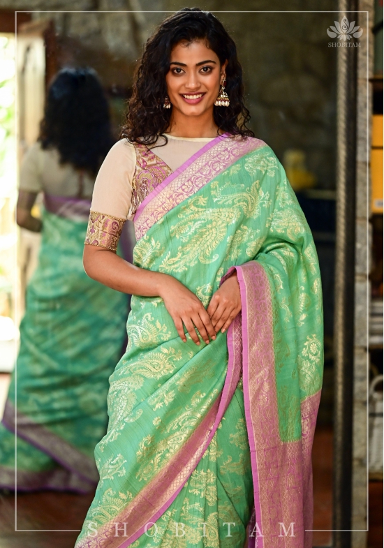 Exquisite Tussar Georgette Silk Saree in Sea Green and Lilac with Silver Paisley Jaal | SILK MARK CERTIFIED