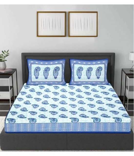 FrionKandy Living - Blue Cotton Double Bedsheet with 2 Pillow Covers - Blue