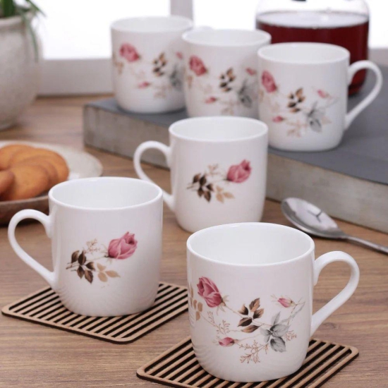 Clay Craft Ceramic Floral 200 ML Coffee & Tea Mugs | Microwave Safe | White | Set of 6 Pcs