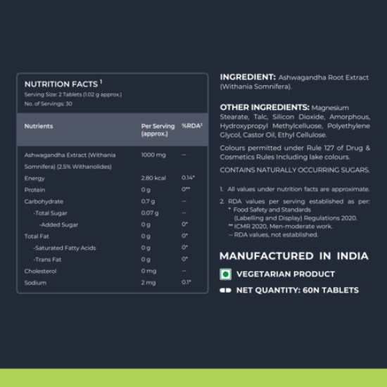 Nutrabay Wellness Ashwagandha Extract Tablet (Withania Somnifera), Enhances Energy, Stamina, Immunity | Anxiety & Stress Relief, 1000mg - 60 Veg Tablets