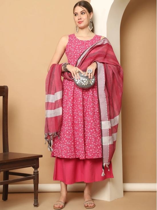 Printed pink flared kurta pallazos dupatta set-XL / Pink