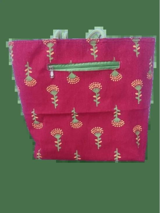  Maroon Cotton Printed Tote Bag with Zipper Closure