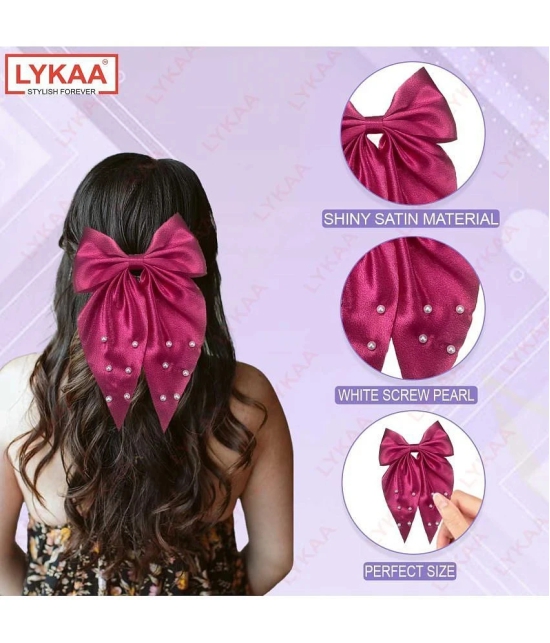 Lykaa Large Satin Hair Bow with Pearls Longtail Clips Hair Accessories for Women -1 Pcs (Multicolor) - Magenta