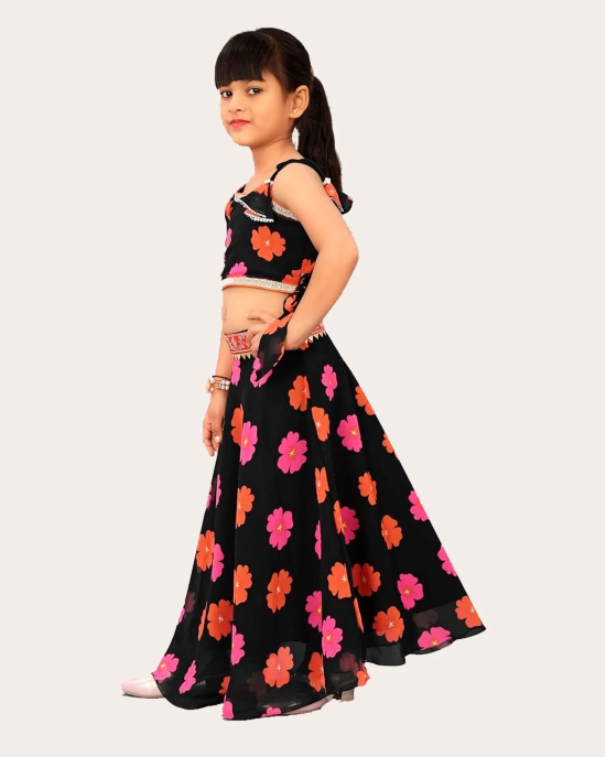 Kids Lehenga Choli in Georgette with Intricate Embroidery and Vibrant Flower Patterns-Black / 6 Years-7 Years