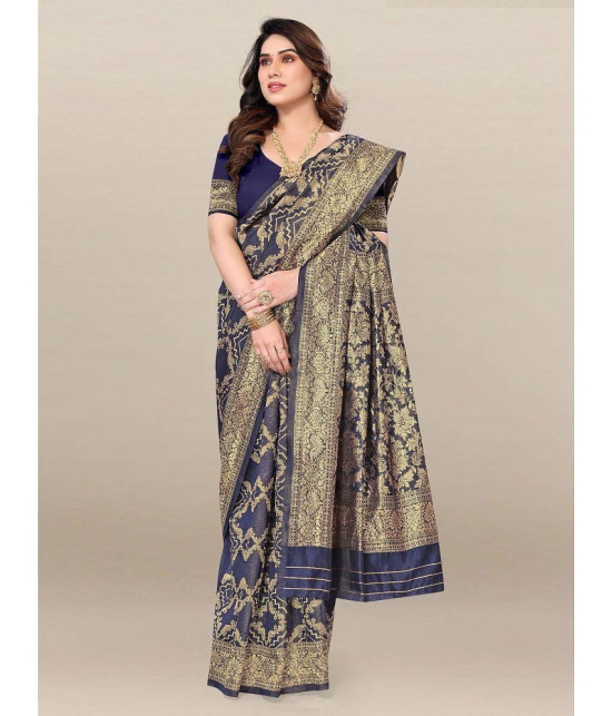 Om Shantam Sarees Banarasi Silk Embellished Saree With Blouse Piece - Navy Blue ( Pack of 1 ) - Navy Blue