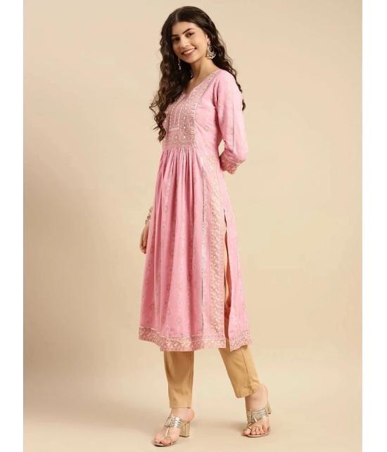 Rangita Women Rayon Pink Yoke Embroidered Calf Length Kurti Gathered At Waist - None