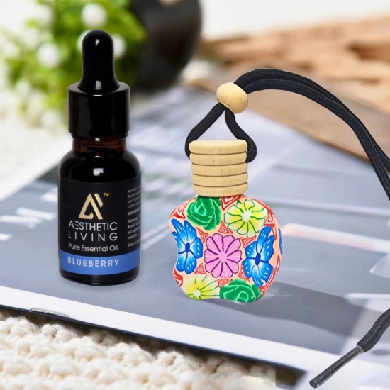 Aesthetic Living Floral Car Aromatizer/ Diffuser Bottle with Essential Oil (Multi Shape Floral-8 ml+ Blueberry Essential Oil, 15 ml)