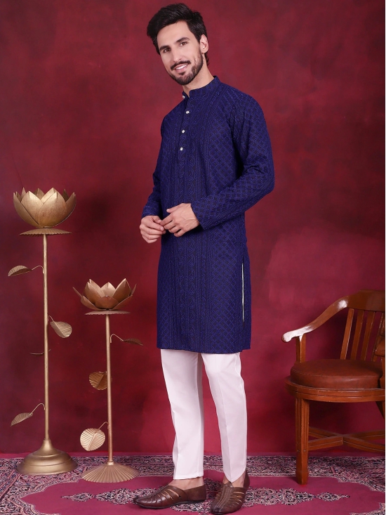 Mens Chikankari Embroidered Kurta Pyjama Set-XXL / Navy-Blue