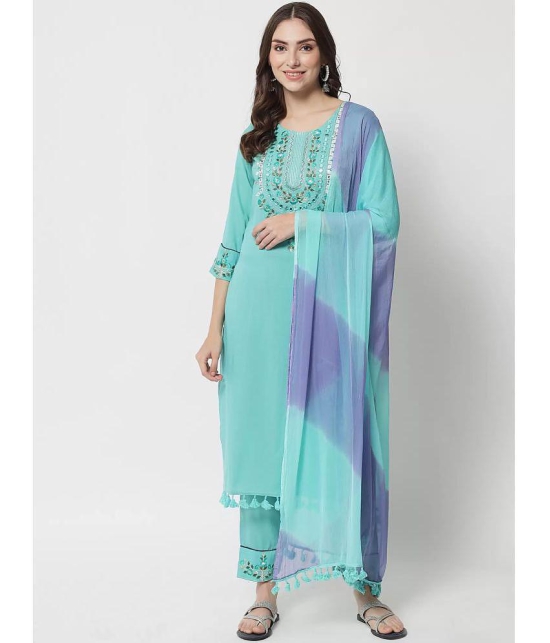 Estela Rayon Embroidered Kurti With Pants Women's Stitched Salwar Suit - Turquoise ( Pack of 1 ) - None