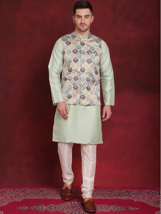 Green Floral Printed Nehru Jacket With Kurta Pyjama Set-L / Green