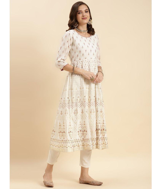 Rangita Women Off White Silk Printed Calf Length Anarkali Kurti - None