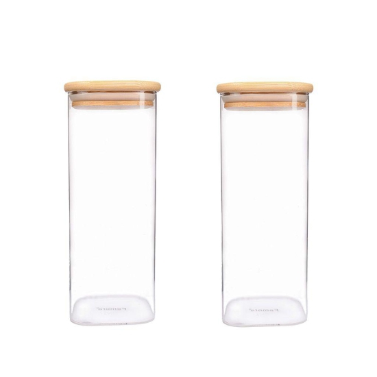 Femora Borosilicate Glass Jar 1000 ML, 2 pcs, with Wooden Tray