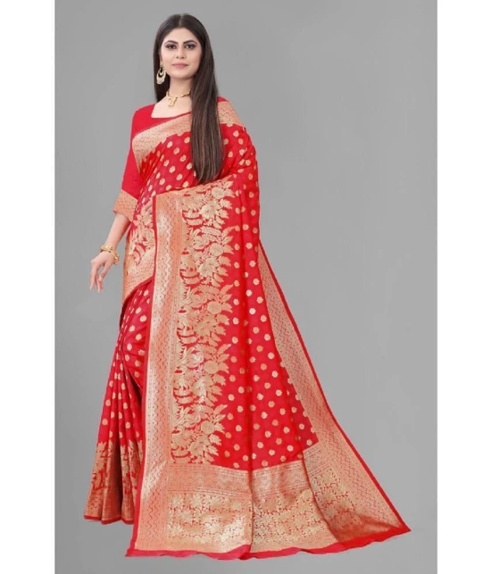 Gazal Fashions Banarasi Silk Embellished Saree With Blouse Piece - Red ( Pack of 1 ) - Red