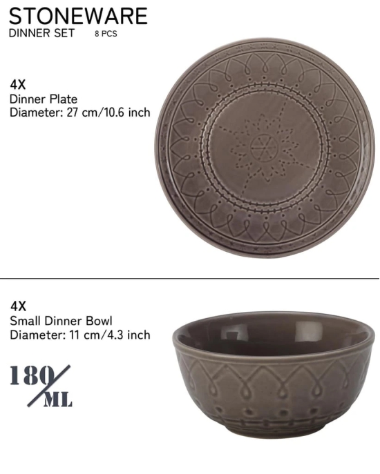 Aadeep Handcrafted Emboss Stoneware Ceramic Dinner Set, 10 Pieces Dish Set Serving for 4, Microwave and Dishwasher Safe, Bone-ash Free, Crockery Set for Dining and Gifting, Ash Grey