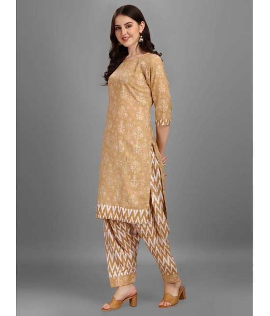 gufrina Cotton Blend Printed Kurti With Salwar Womens Stitched Salwar Suit - Beige ( Pack of 1 ) - None