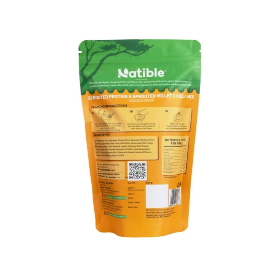 Natible Sprouted Protein & Sprouted Millet Chilla Dosa Mix, Natural Healthy Protein & Fiber-Rich Breakfast No Maida. Pack of 2. 200Gram Each