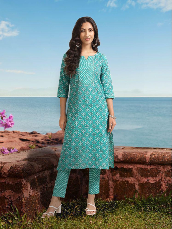 Rangita Women Rayon Sea Green Embroidered Knee Length Straight Kurti With Pants - None