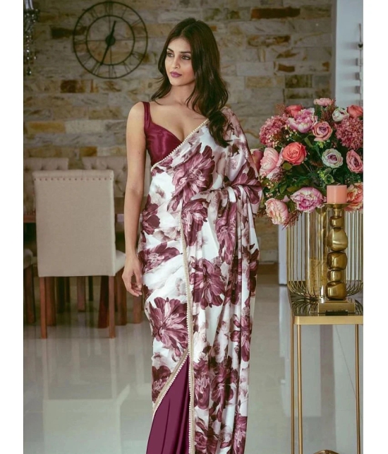 Apnisha Satin Printed Saree With Blouse Piece - Wine ( Pack of 1 ) - Wine