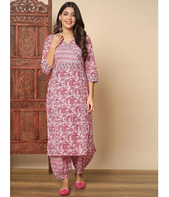 Vbuyz Cotton Printed Kurti With Pants Women's Stitched Salwar Suit - Pink ( Pack of 1 ) - None