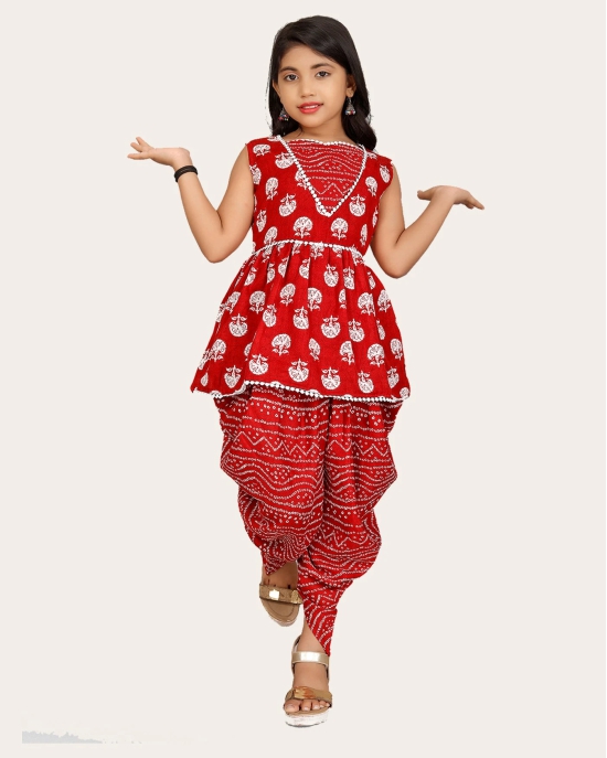 Girls A-line Sleeveless Rayon Dhoti Kurta and Dupatta Set Festive & Party Floral Print Square Neck Dupatta Net Border Lace.-Blue / 4 - 5 Years