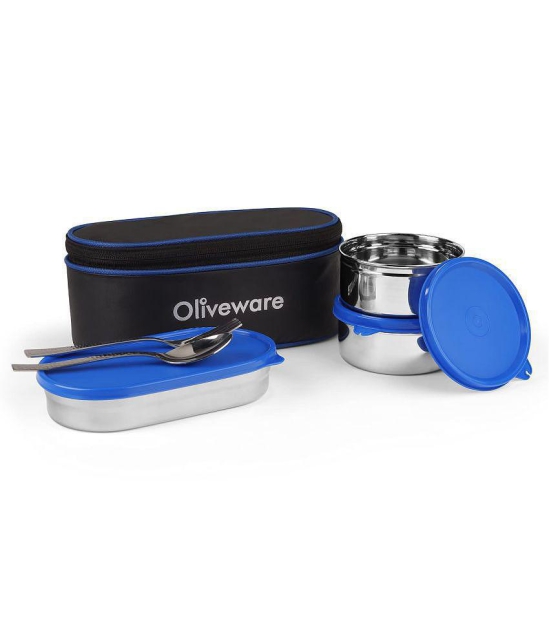 Oliveware Sophia Insulated Fabric Bag Lunch Box, Stainless Steel 3 Containers with Steel Spoon & For - Blue