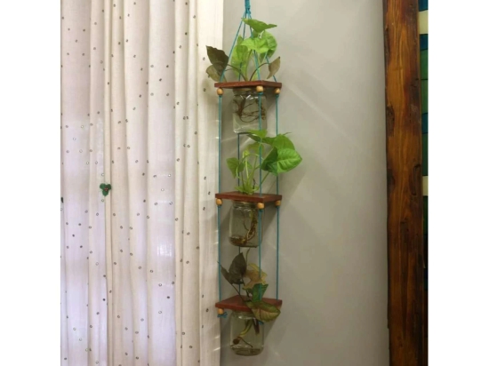 BARISH - Set of 3 Hanging Glass Jar Planters | Hanging 3 Jar Planter Handcrafted with Rubberwood | Hanging Glass Planters for Indoor and Outdoor - Tobacco Brown