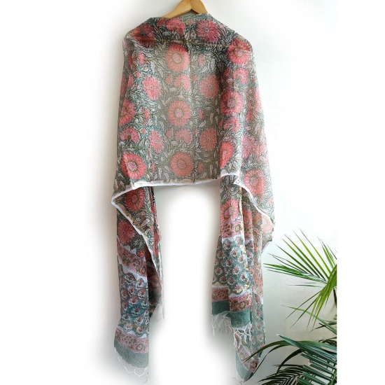 India Scarves Bagru Hand Block Floral Kota Doria Cotton Silk Red and Pink Color Floral Dupatta