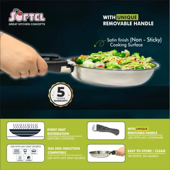 Softel Tri-Ply Stainless Steel Fry Pan with Removable Handle | Gas & Induction Compatible | Silver | 1 Pc 22 cm