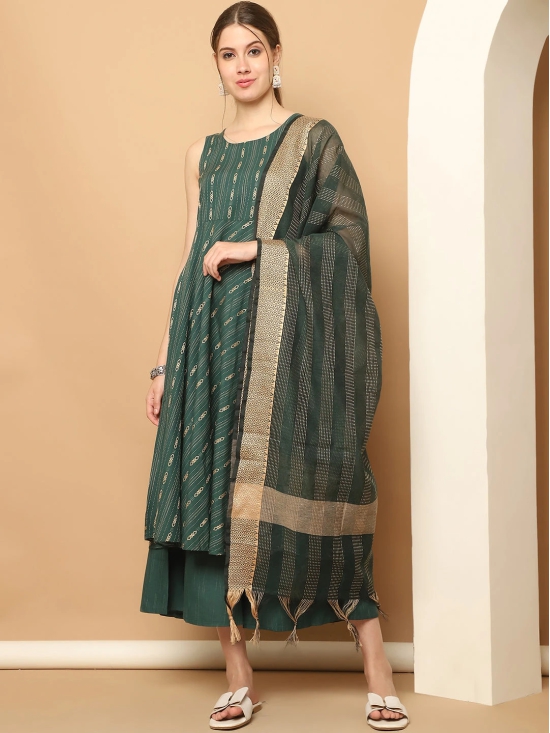 Green Woven Design Kantha Work Kurta with Palazzos & With Dupatta-M / Green