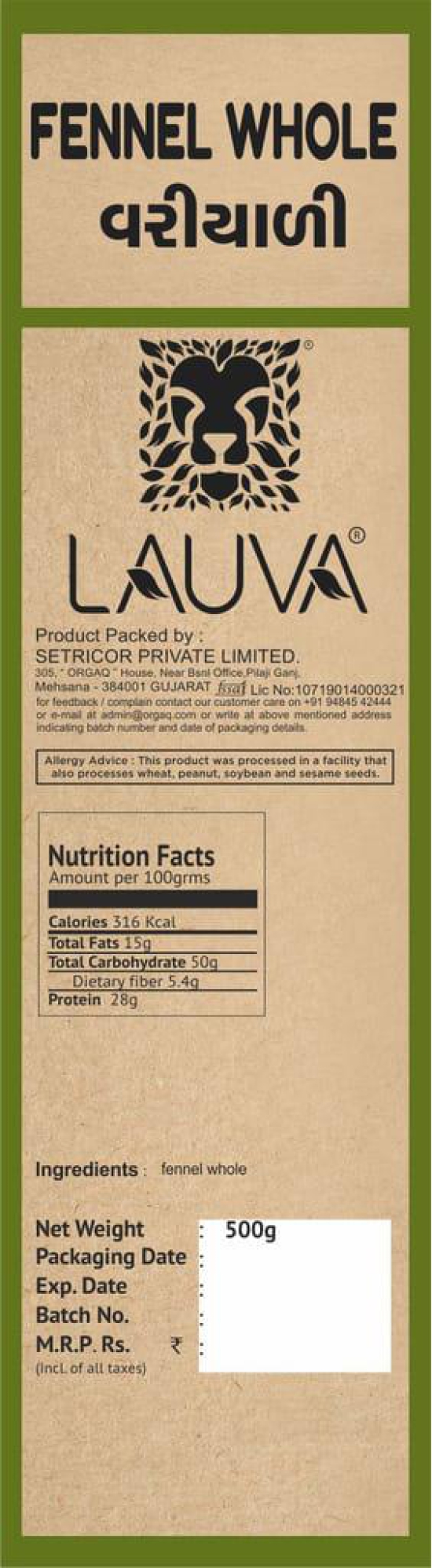 LAUVA Natural Regular Fennel Seeds I Saunf I Variyali I Whole Indian Spices