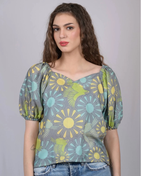 Women's Olive Green Floral Print V-Neck Top (OTL-TPS1036)-Green / XS