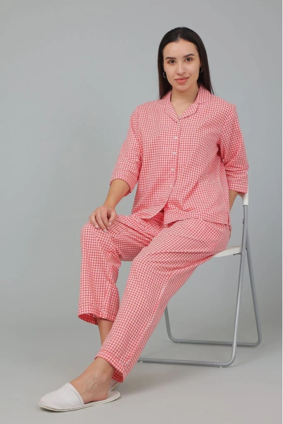 BREATHABLES Women Cotton Checks Nightsuit Shirt and Pants Co-ord Set 3/4 Sleeve Notched Collar Comfort Loose Fit (Night Wear | Co-ord set | Lounge Wear Set)