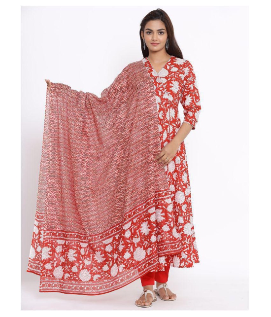 miravan Red Cotton Anarkali Kurti - L