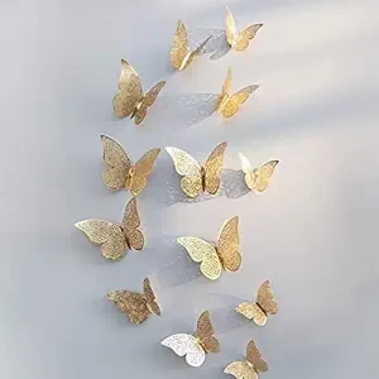 KATHIYAWADI 3D Home Decor Butterfly with Sticking Pad (Shimmer Golden, Set of 12)